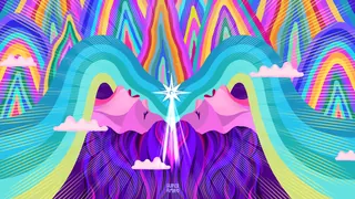 Abstract mirrored faces with vibrant flowing hair and colorful background.