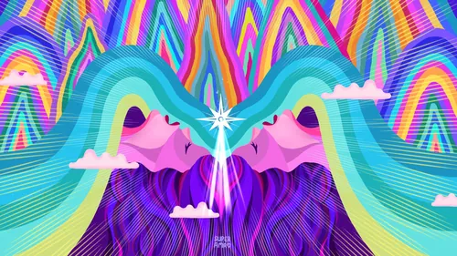 Abstract mirrored faces with vibrant flowing hair and colorful background.