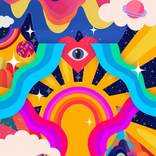 Psychedelic landscape with sun, mountains, clouds, and cosmic shapes in bright colors.