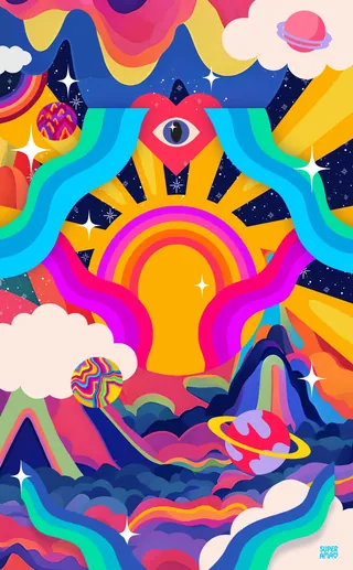 Psychedelic landscape with sun, mountains, clouds, and cosmic shapes in bright colors.