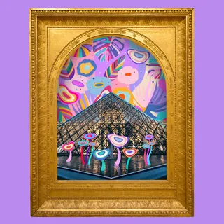 Abstract colorful flowers and shapes framed by gold and glass pyramid