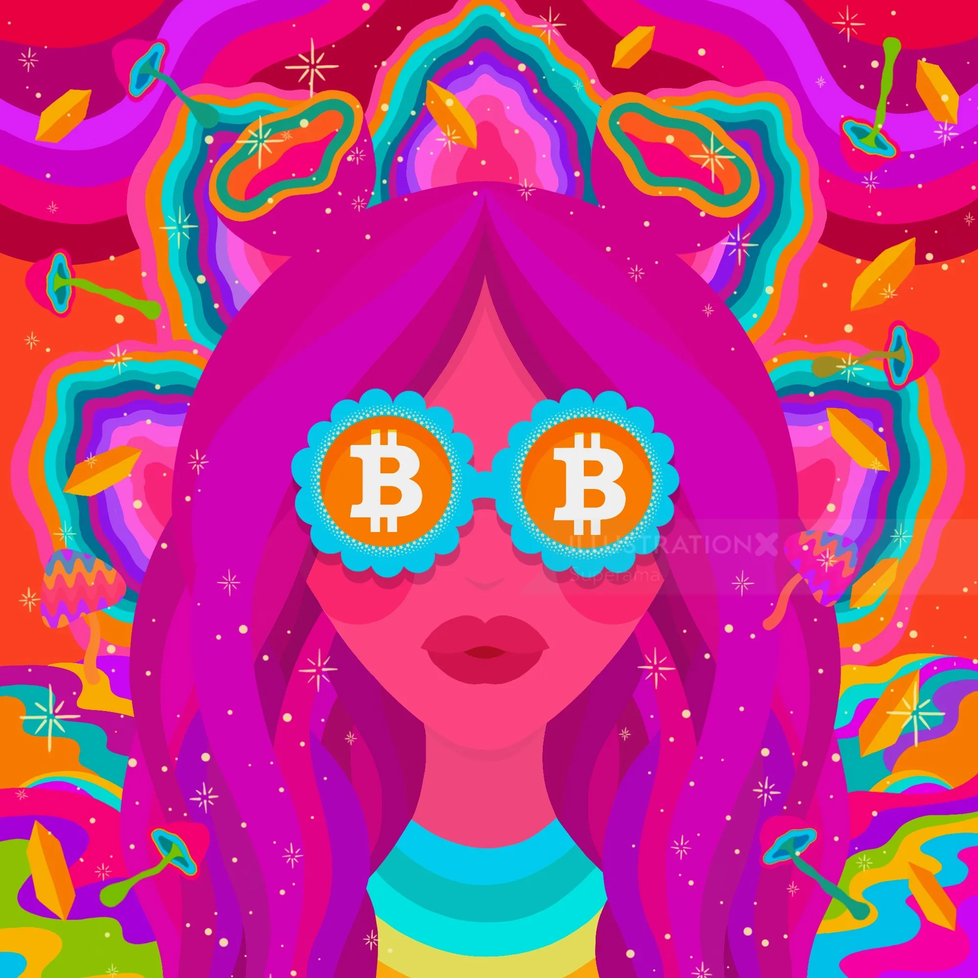 Psychedelic woman wearing bitcoin symbol sunglasses on colorful background