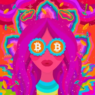 Psychedelic woman wearing bitcoin symbol sunglasses on colorful background