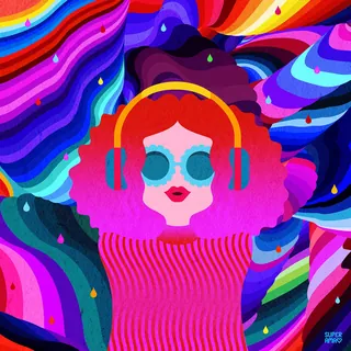 Abstract woman with headphones and sunglasses in vibrant psychedelic colors