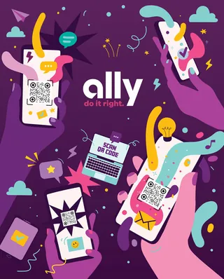 Hands holding smartphones displaying QR codes with vibrant digital elements