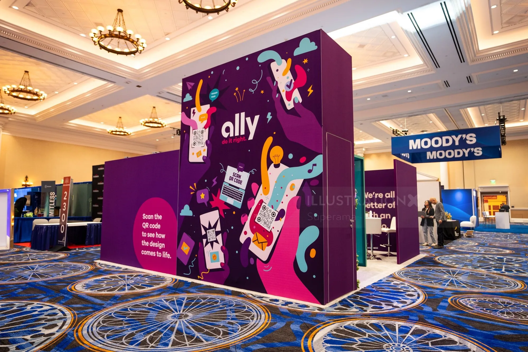 Ally booth with purple graphics and conference hall background