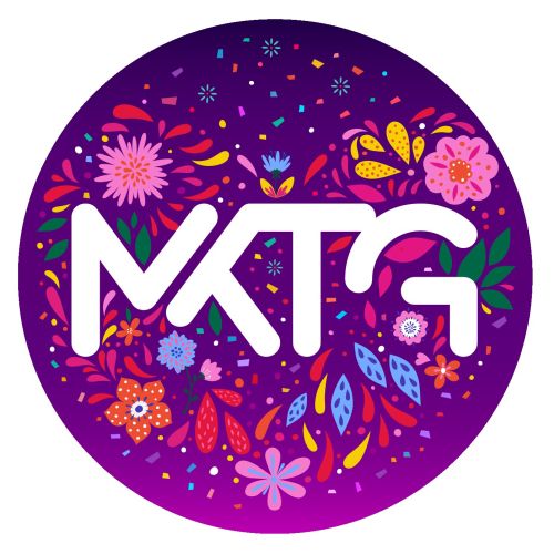White MKTG letters with vibrant flowers on purple circle background