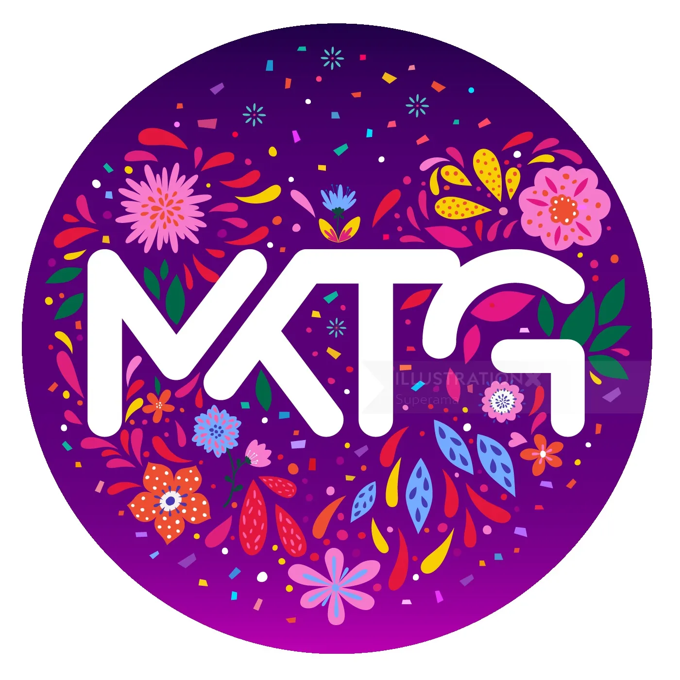 White MKTG letters with vibrant flowers on purple circle background