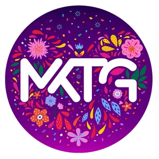 White MKTG letters with vibrant flowers on purple circle background