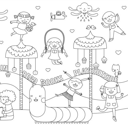 Children playing outdoors with animals and banners promoting fun and reading