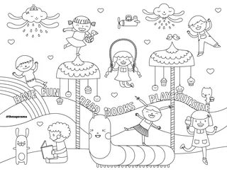 Children playing outdoors with animals and banners promoting fun and reading