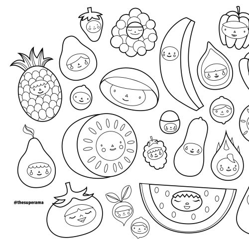 Cute kawaii fruit characters including pineapple, watermelon, banana, and peppers