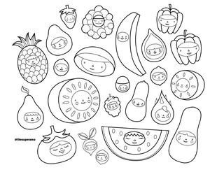 Cute kawaii fruit characters including pineapple, watermelon, banana, and peppers