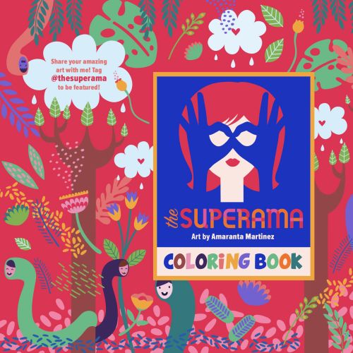 Superama coloring book cover with colorful whimsical characters and flowers