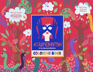 Superama coloring book cover with colorful whimsical characters and flowers