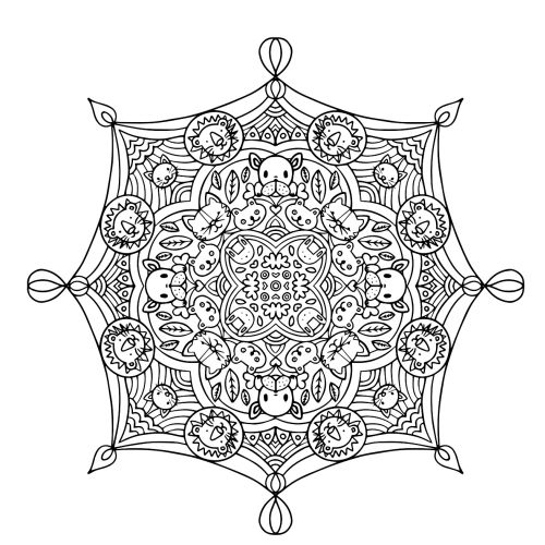 Black and white animal mandala coloring page with different animal faces