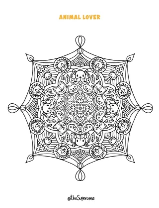 Black and white animal mandala coloring page with different animal faces