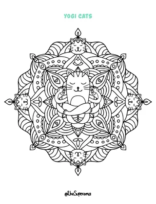 Mandala with cats in yoga poses and meditative expressions