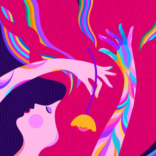 Colorful abstract woman with flowing hair and rainbow-colored arms
