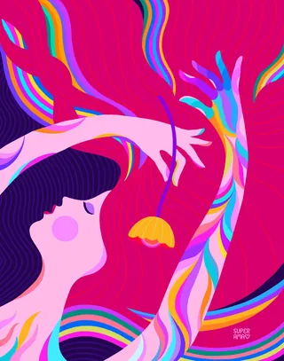 Colorful abstract woman with flowing hair and rainbow-colored arms