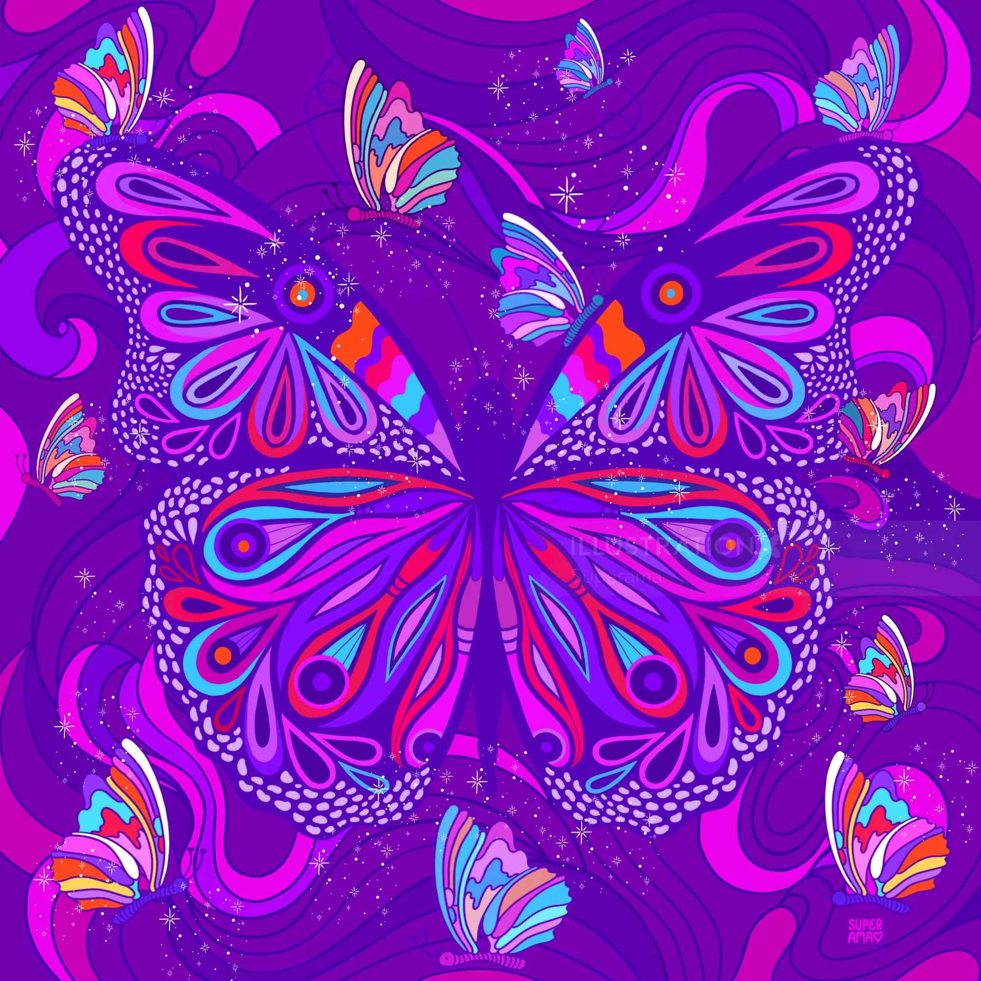 Vibrant purple background with colorful psychedelic butterflies featuring intricate patterns