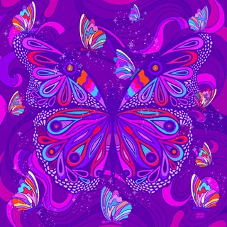 Vibrant purple background with colorful psychedelic butterflies featuring intricate patterns