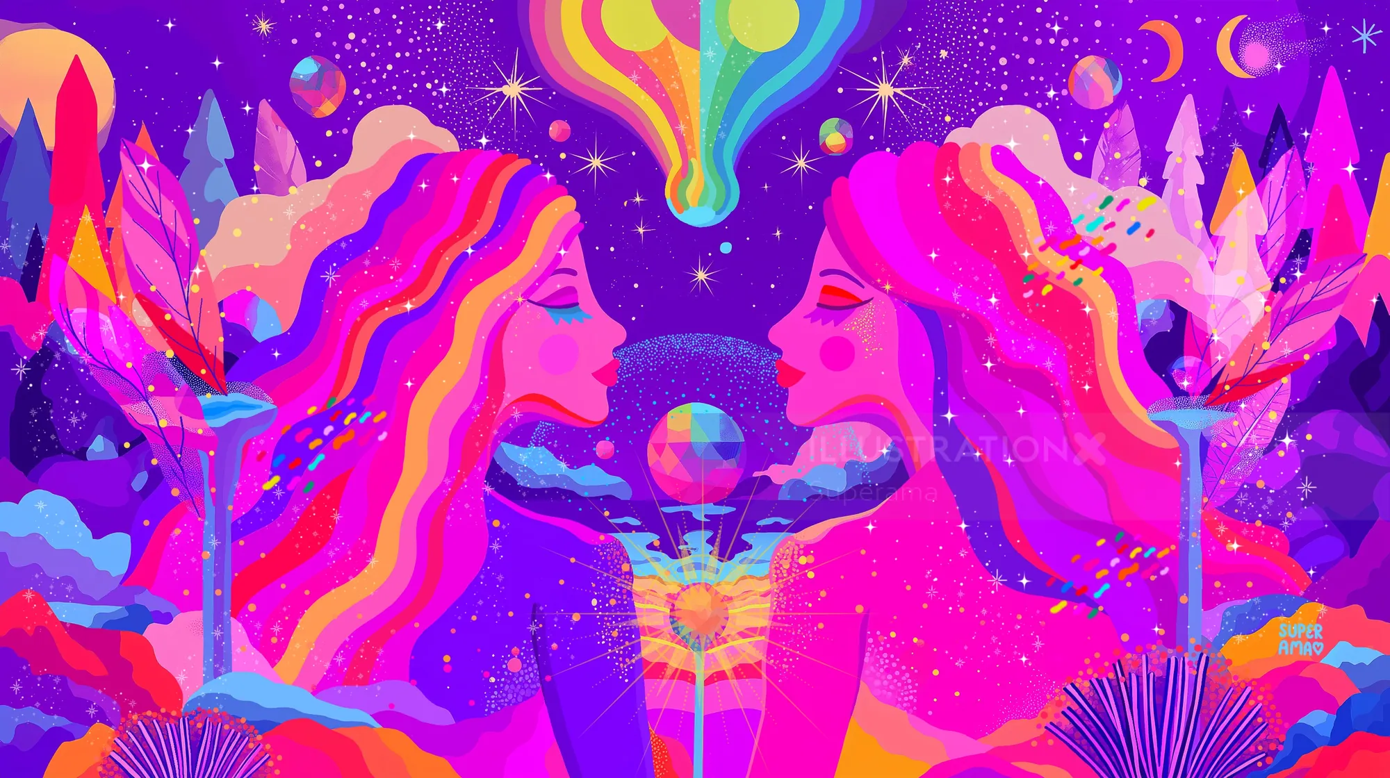 Colorful psychedelic portrait of two women facing each other by Superama