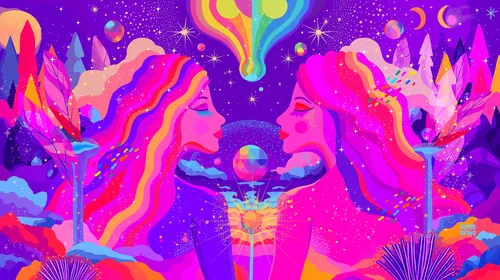 Colorful psychedelic portrait of two women facing each other by Superama