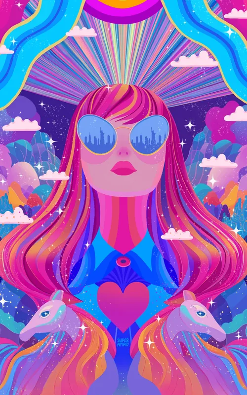 Psychedelic woman with pink hair and unicorns in cosmic colorful scene by Superama