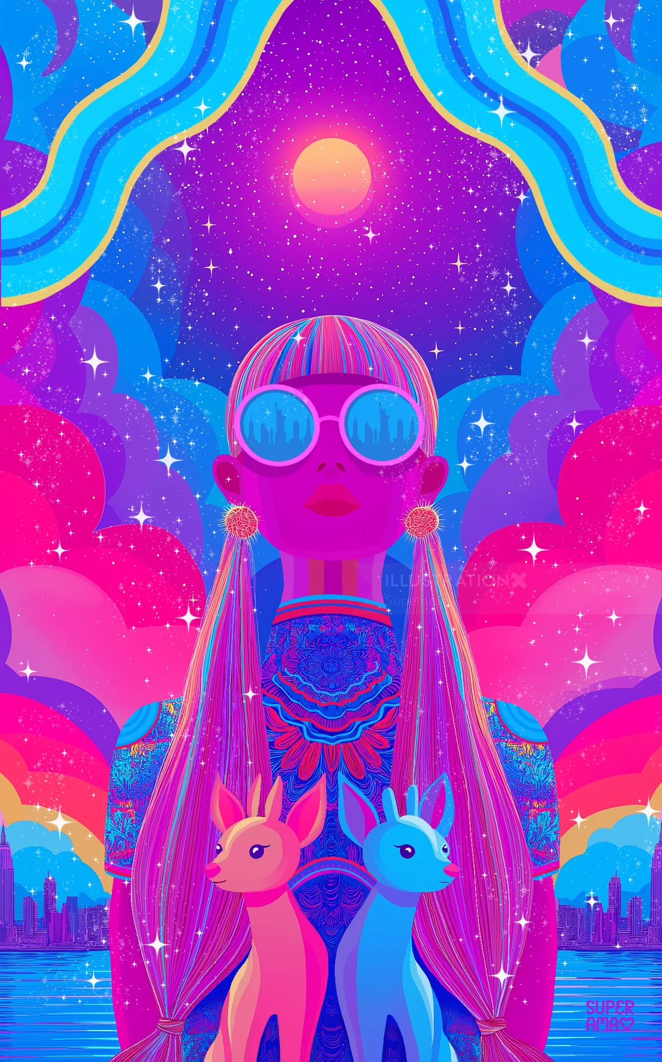 Psychedelic woman with sunglasses and two mystical deer under cosmic sky by Superama