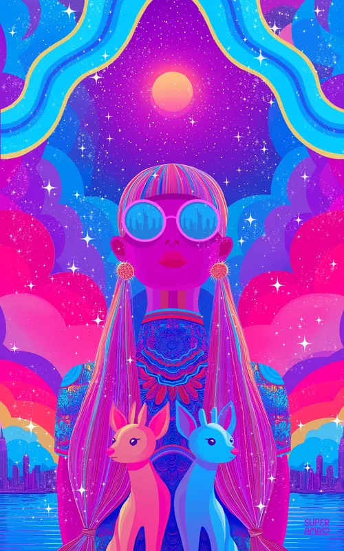 Psychedelic woman with sunglasses and two mystical deer under cosmic sky by Superama