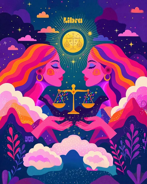 Colorful Libra zodiac sign with two mirrored women and a balanced scale by Superama