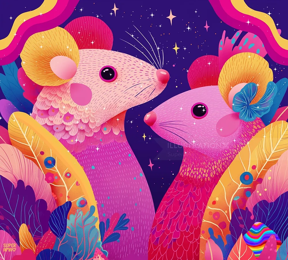 Colorful digital illustration of two mice with vibrant plants and stars by Superama
