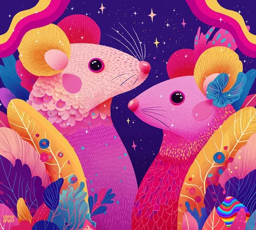 Colorful digital illustration of two mice with vibrant plants and stars by Superama