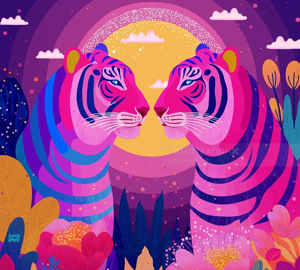 Two colorful tigers facing each other under a glowing moon by Superama