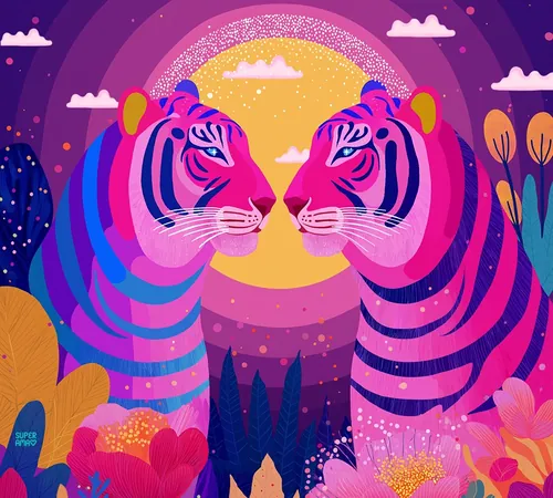 Two colorful tigers facing each other under a glowing moon by Superama