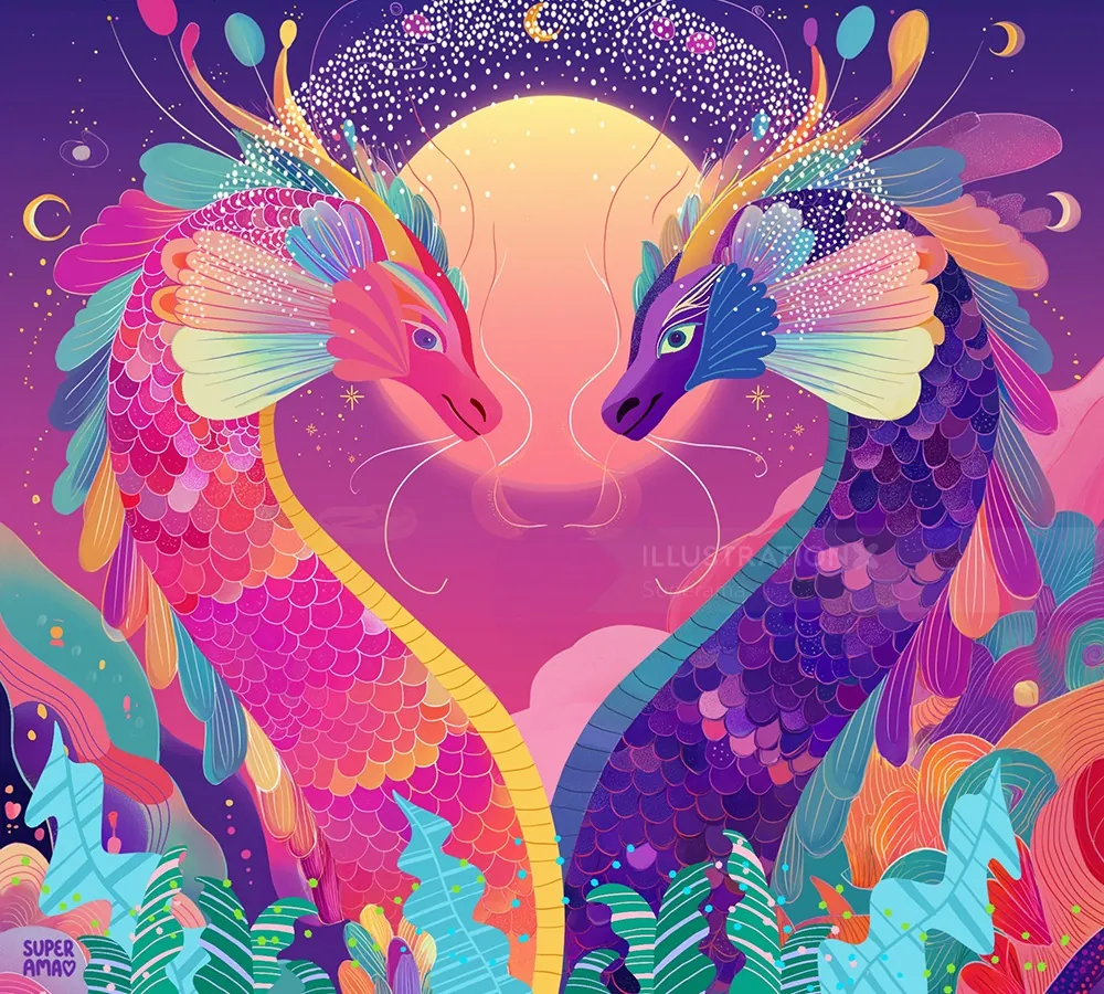 Vibrant colorful dragons facing each other beneath a full moon by Superama