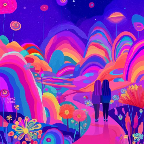 Colorful surreal landscape with two figures holding hands, digital art by Superama