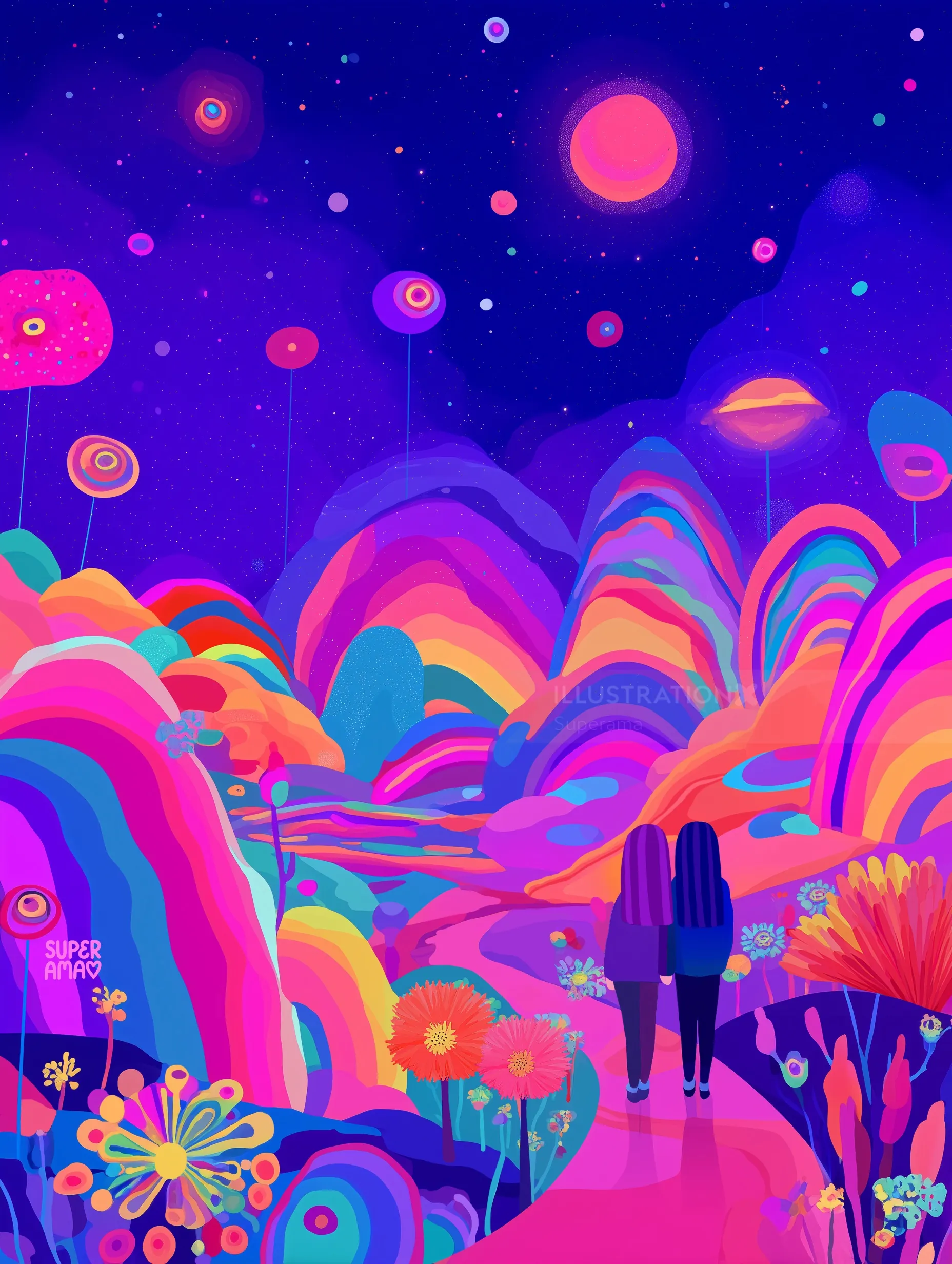 Colorful surreal landscape with two figures holding hands, digital art by Superama