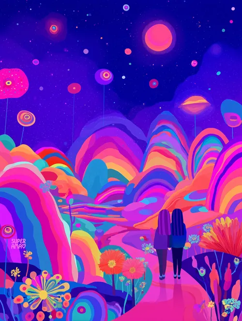 Colorful surreal landscape with two figures holding hands, digital art by Superama