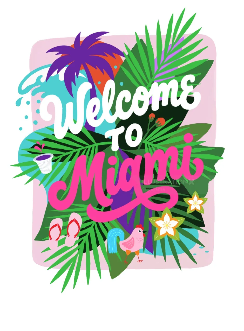 Tropical 'Welcome to Miami' text with leaves, flip-flops, and sun by Superama