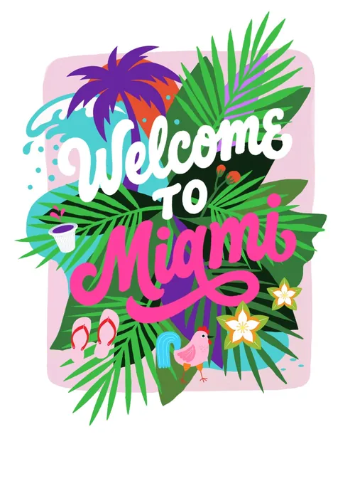 Tropical 'Welcome to Miami' text with leaves, flip-flops, and sun by Superama