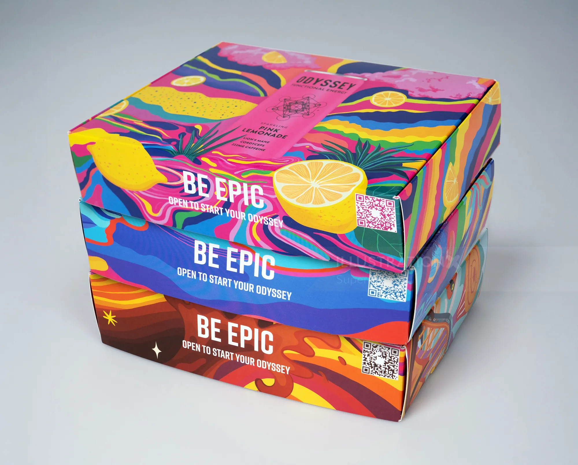Stacked colorful BB Epic pizza boxes with lemon artwork by Superama