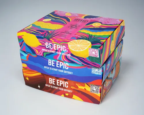 Stacked colorful BB Epic pizza boxes with lemon artwork by Superama
