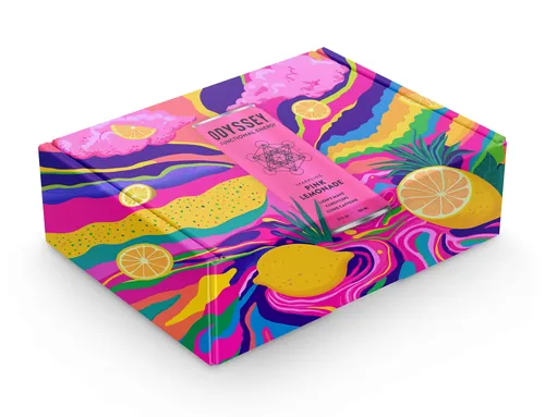 Decorative box with citrus fruit design and colorful swirling patterns by Superama