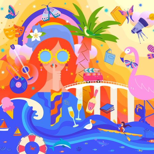 Colorful tropical poolside scene with woman, flamingos, and palm trees by Superama