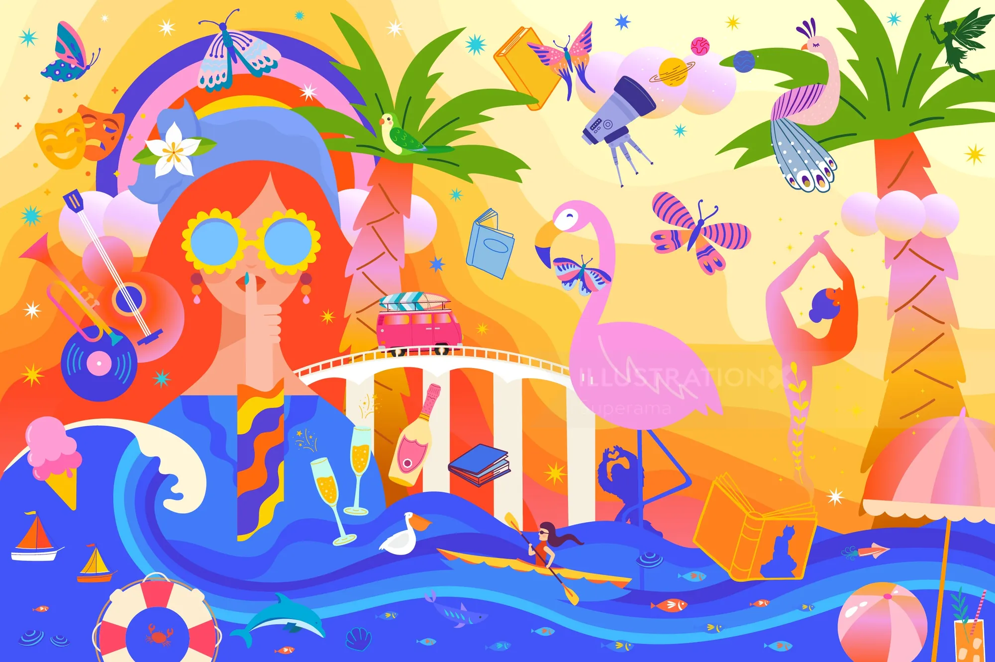 Colorful tropical poolside scene with woman, flamingos, and palm trees by Superama