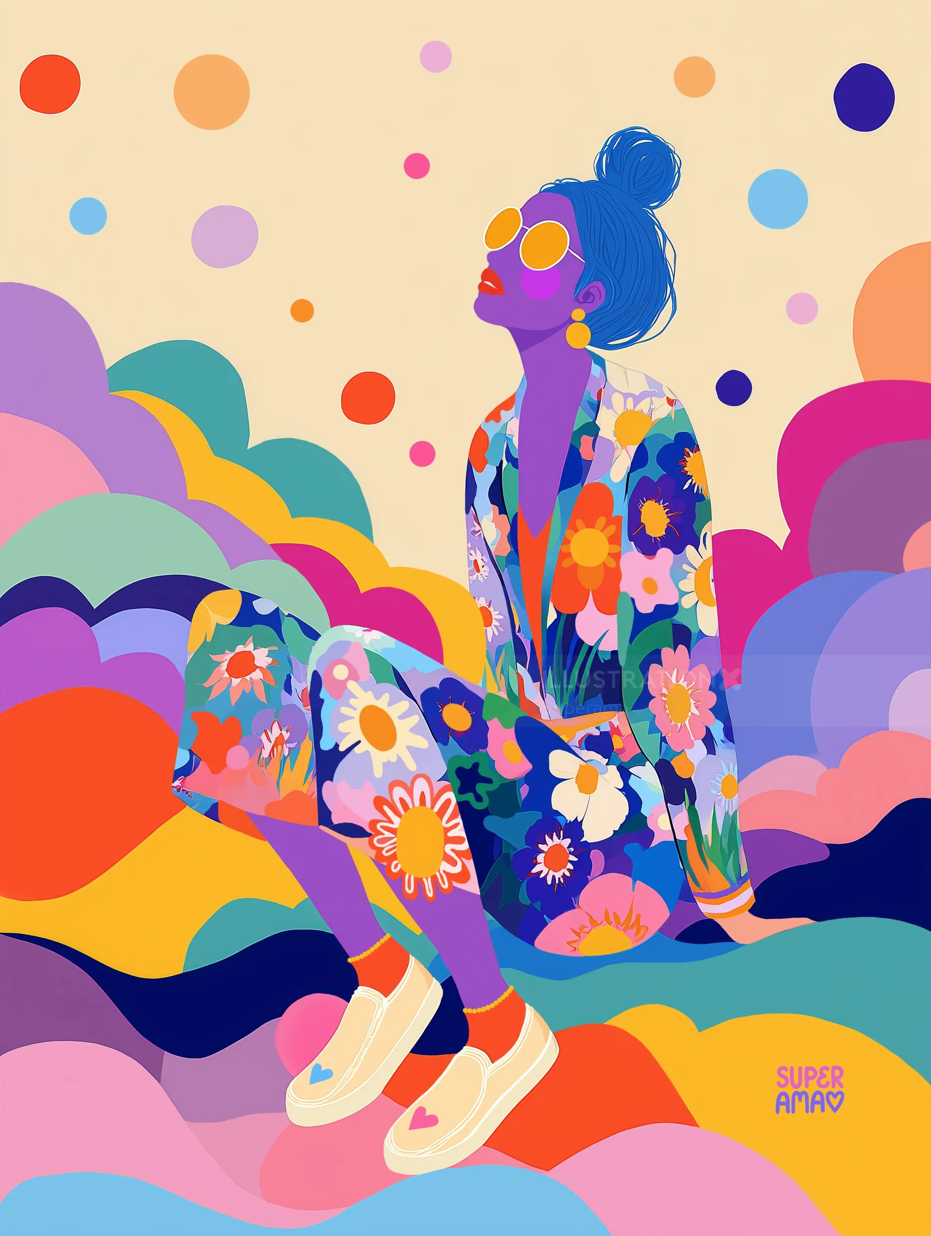 Colorful illustration of woman in floral suit by Superama