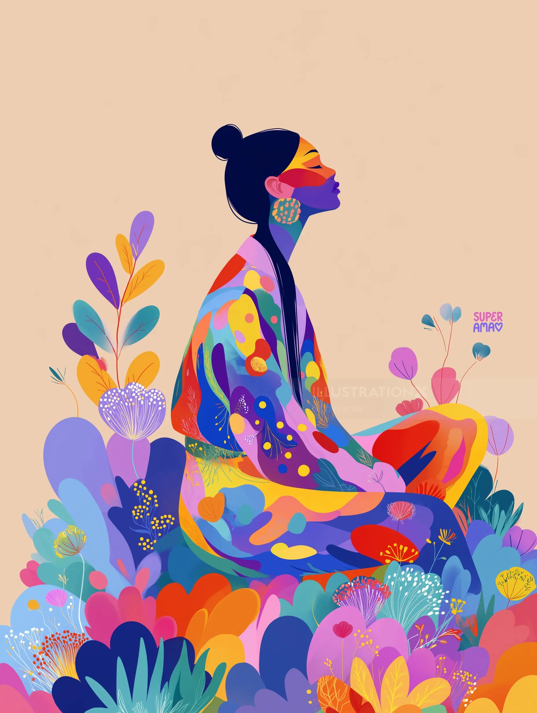 Abstract colorful woman sitting among flowers by Superama