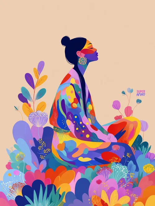 Abstract colorful woman sitting among flowers by Superama